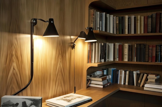 Woodpaneled wall with builtin bookshelf and reading lamp created with generative ai