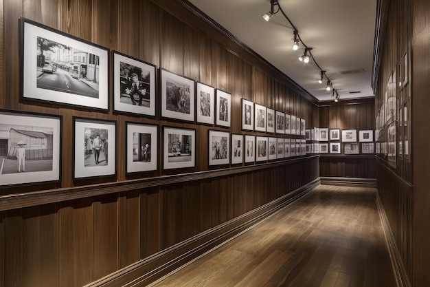 Woodpaneled wall with row of vintage black and white photographs created with generative ai