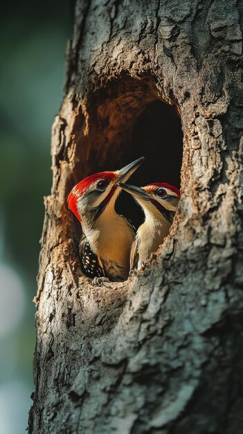 Photo woodpeckers sequential pecks creating a cavity in the bark