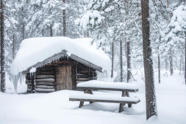 A woodshed covered in snow in the Finnish Lapland wilderness after a blizzard