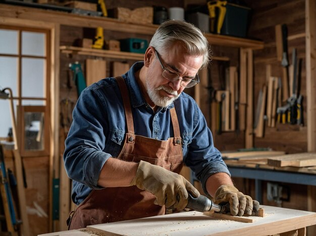 Photo woodworker in carpentry shop using sandpaper for sanding wooden surface