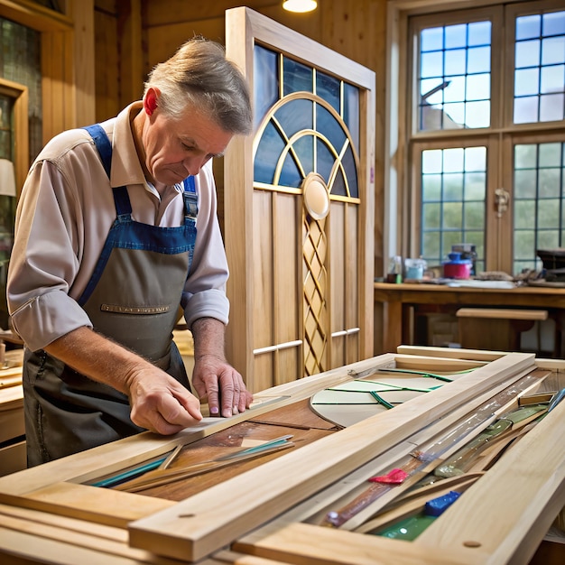 Photo woodworker crafting a custom wooden door with stained glass inserts