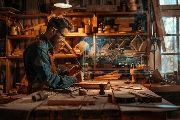 Photo woodworker with ai in rustic workshop aig60