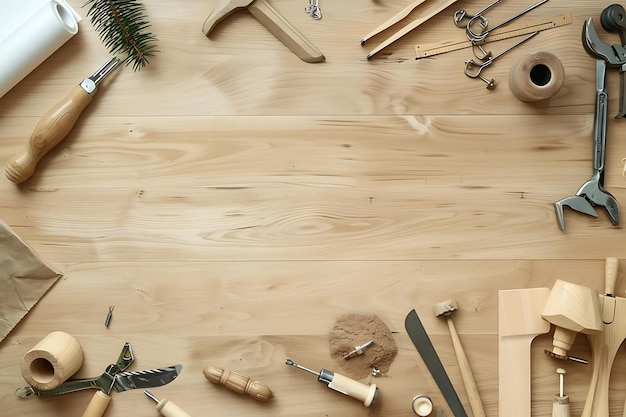 Woodworking Tools and Materials on a Wooden Background Flat Lay Photography