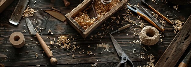 Photo woodworking tools and shavings on a rustic workbench in a craftman39s workshop