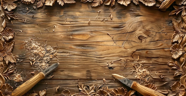 Photo a woodworking workshop with intricate carvings tools and sawdust scattered across a wooden table