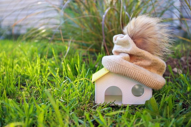 A woolen hat is lying on the roof of the house The concept of alternative heating