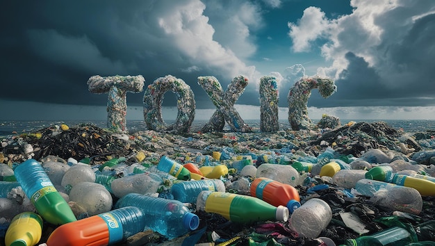 Photo the word 39toxic39 made of plastic bottles representing pollution on a beach