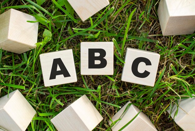 The word ABC is written on wooden cubes The blocks are located on green grass with sunlight Selective focus