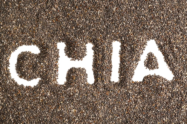 Word CHIA made of seeds on white background