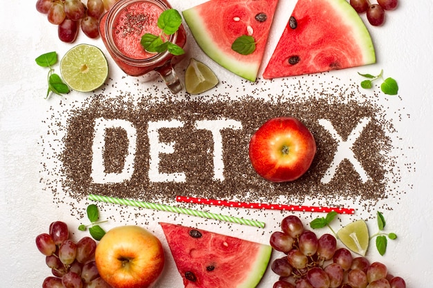 Word detox is made from chia seeds. Red smoothies and ingredients. Concept of diet, cleansing the body, healthy eating.