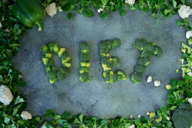 Word Diet lettered from broccoli. 