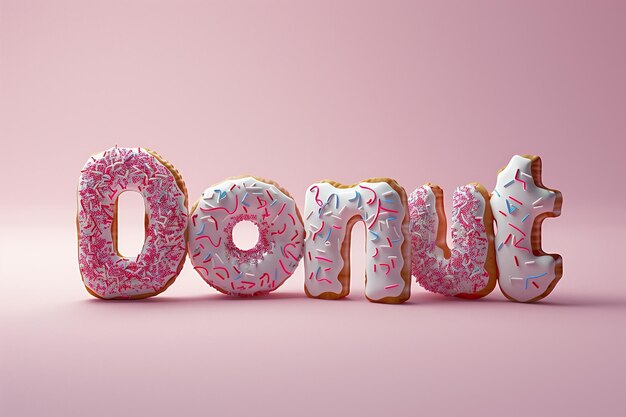 Photo word donut on the pink background icing donut letters bakery alphabet happy national donut day