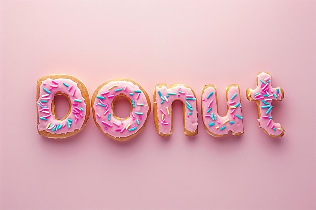 Photo word donut on the pink background icing donut letters sweet bakery alphabet happy donut day