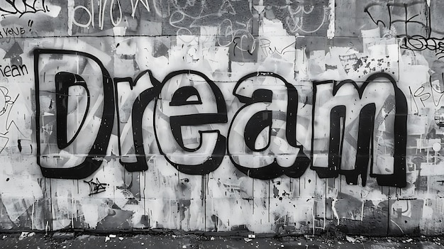 The word Dream is spraypainted in black on a white background