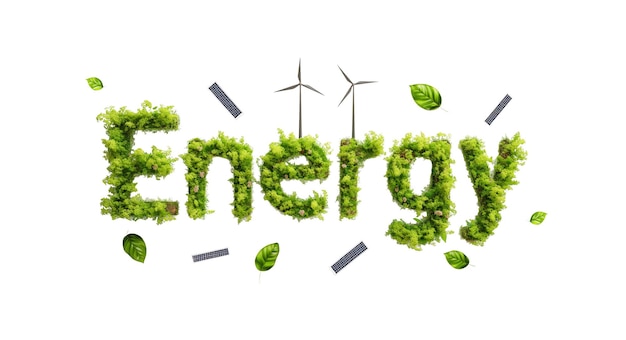 Photo the word energy composed of various renewable energy sources like wind turbines solar panels and gre