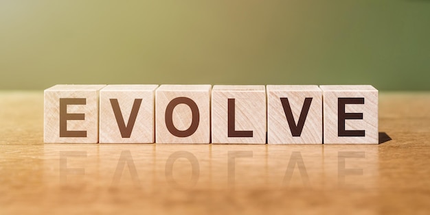 The word of EVOLVE in wooden cubes on a greenbrown background