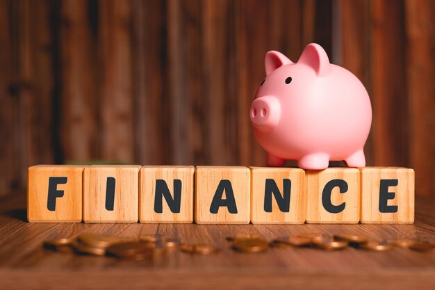 The word finance written on wooden blocks with a piggy bank