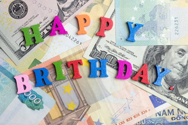 The word happy birthday on the notes