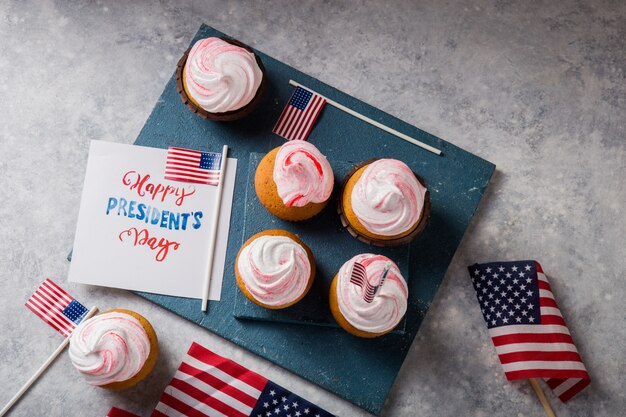 Word Happy Presidents day. Patriotic Baking Supply Cup Cake Holders for holiday and july 4th concepts.