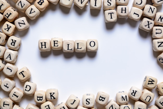 the word HELLO from wooden letters on a white background