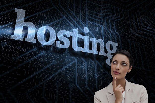 Photo the word hosting and smiling businesswoman thinking against futuristic black and blue background