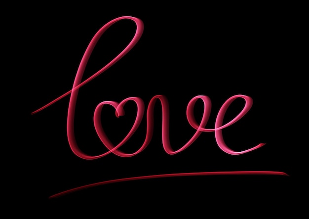 Word and inscription love with heart written in neon red color in calligraphic handwriting on black background Romantic greeting card for holiday Valentines day with lettering text