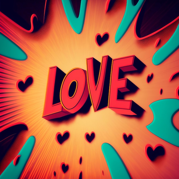 The word Love on a colorful background in the style of pop art