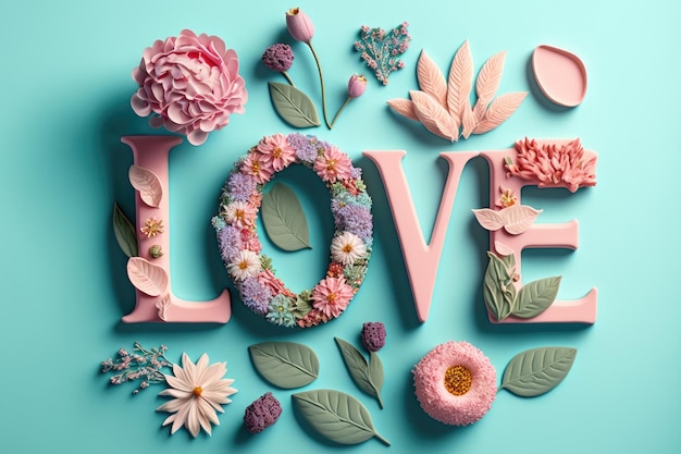 The word love decorated with pastel flowers and leavwes Soft pastel blue background Generative AI