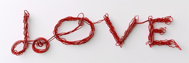 The word Love is embroidered with red threads on a white background