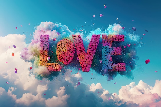 The word LOVE made from letters in a playful colorful 3D rendering floating in a cloudfilled sky