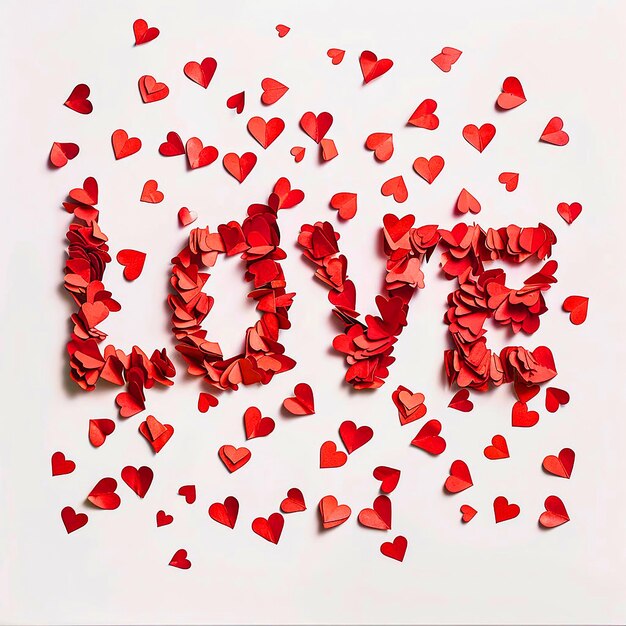 Photo word love where the letters are made up of red paper hearts on a white background