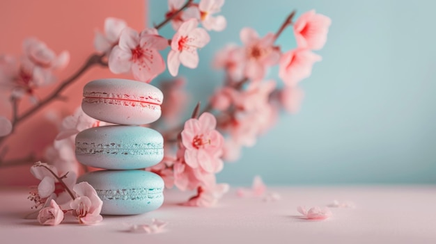 Photo the word  macaron  is on a stack of pink and white cookies