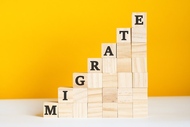 The word migrate is written on a wooden cubes. blocks on a bright yellow background. corporate hierarchy concept and multilevel marketing. selective focus