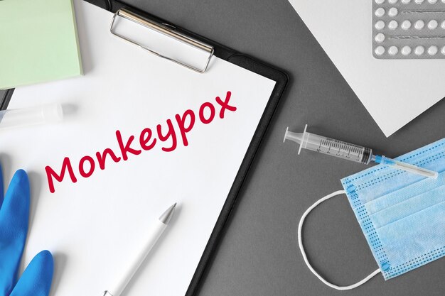 Photo the word monkeypox virus on gray modern doctor desk table background monkey pox spreading