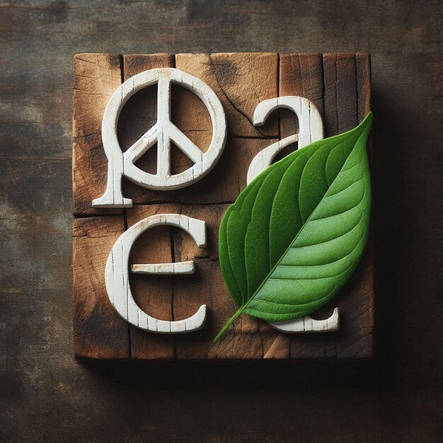 Photo a word peace written in white and a green leaf beside it