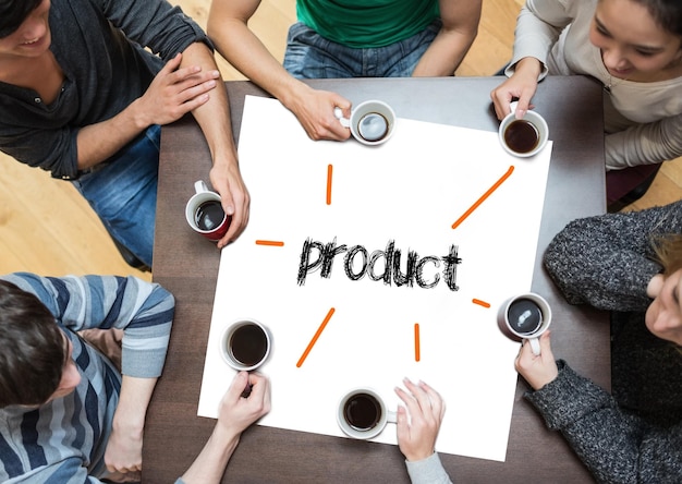 Photo the word product on page with people sitting around table drinking coffee