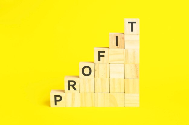 The word profit is written on a wooden cubes concept