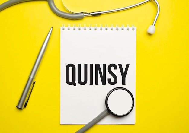 The word qUINSY written on a white notepad on a yellow background