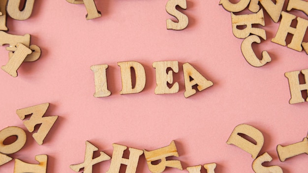 Word quotIdeaquot written with wooden letters on a pink background