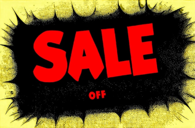 the word sale is written in the style of comics advertising for buyers worldwide sale of goods