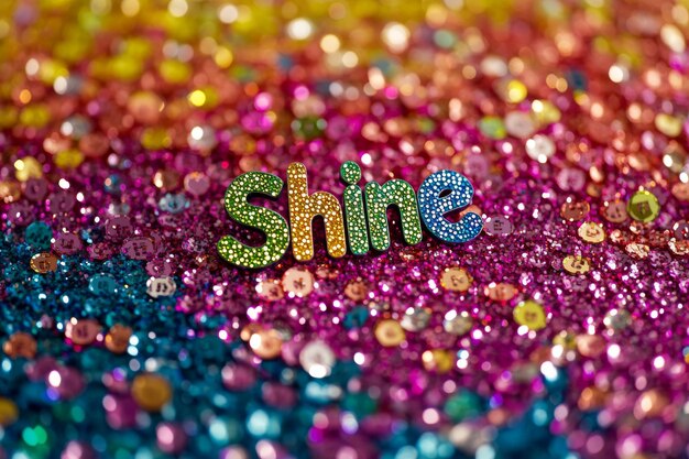 Photo word shine among colorful glitter sequins background