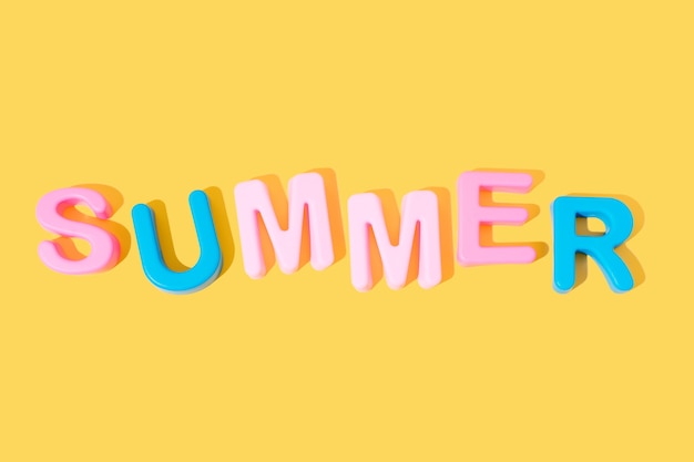 Word Summer in colors on yellow background copy space