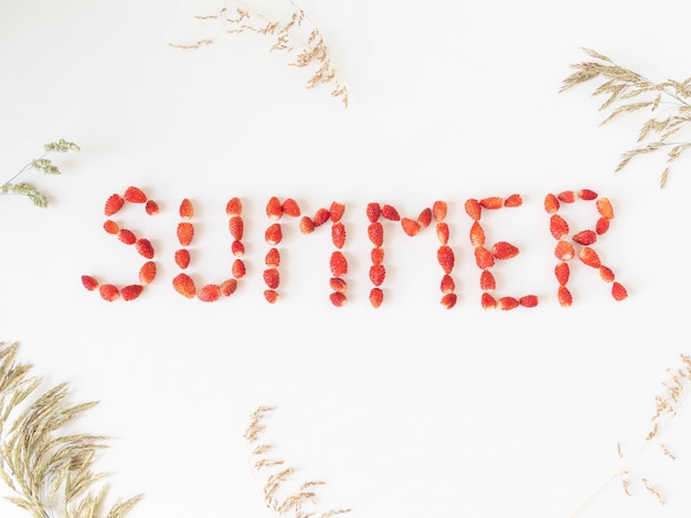 Word summer created from fresh ripe wild strawberries and various wild herbs on a white background. Top view.