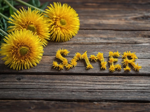 Photo word summer from dandelions on wood surface background copyspace