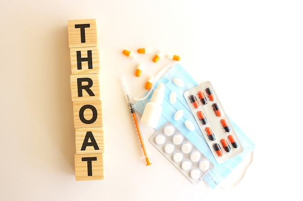 The word THROAT is made of wooden cubes on a white surface with medical drugs and medical mask.