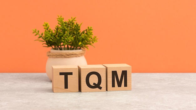 Word TQM on wooden cubes green flower on beautiful orange background business concept copy space