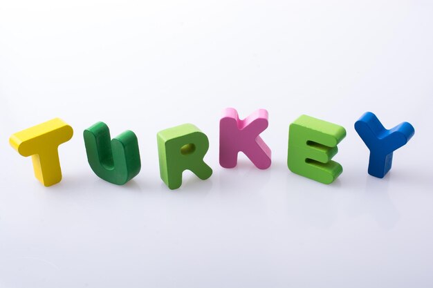 The word TURKEY written with letter blocks