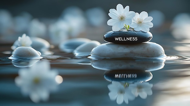 Photo the word wellness created from soft variety of white flower with a calming smooth pebble stack