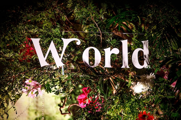 The word WORLD surrounded by plants.